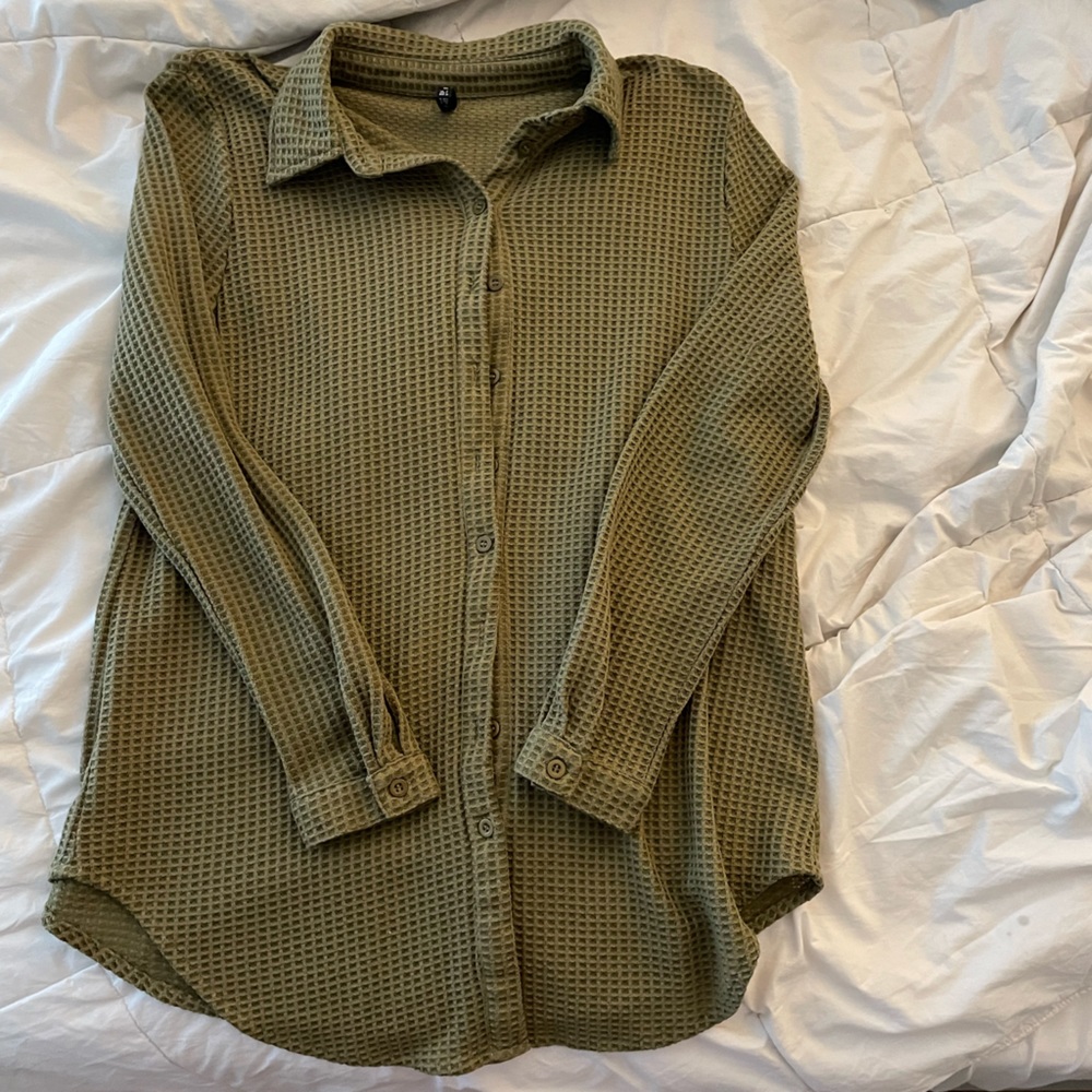 PrettyLittleThing Green Textured Button Up